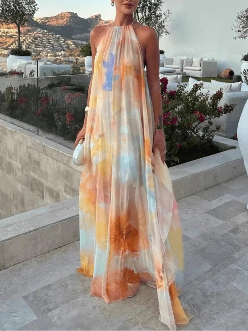 Halter-Neck Watercolor Maxi Dress in Pastel Multi